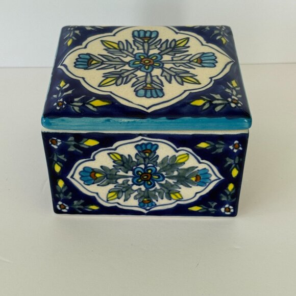 World Market Ceramic Square Trinket Box With Floral Design & Blue Yellow Accents - Picture 1 of 8